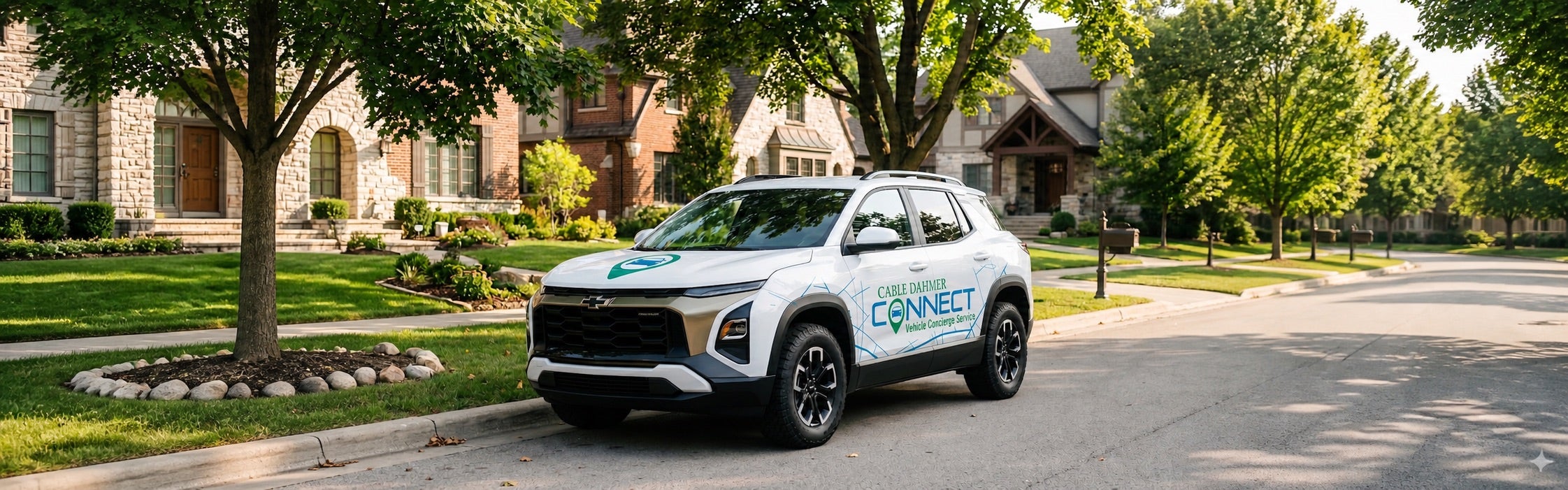 Cable Dahmer Connect branded Chevrolet vehicle parked in a residential neighborhood for free pick-up and delivery service