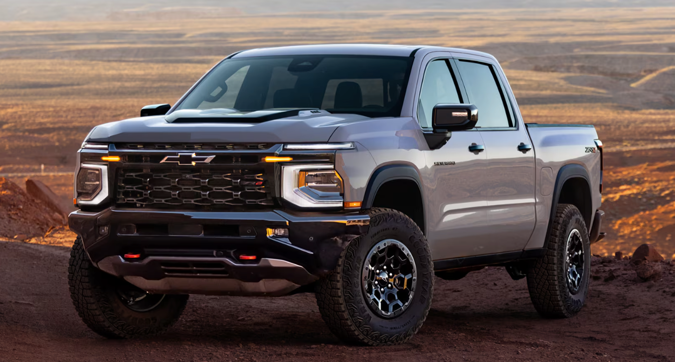 2027 Chevrolet Silverado 1500 with the hood open showing the new small-block V8 engine
